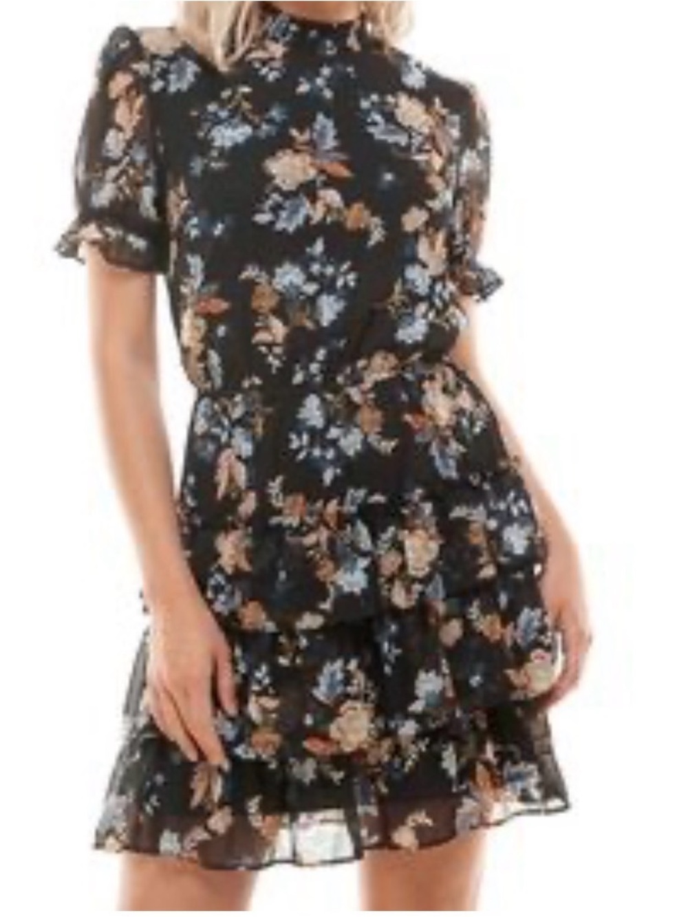 Macy's Black Mini Dress with Blue and Tan Floral Print